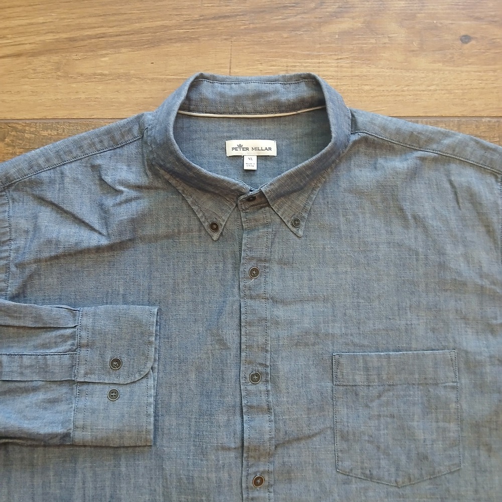 Peter Millar Shirt Mens Extra‎ Large Blue Chambray Crown Sport Casual Button